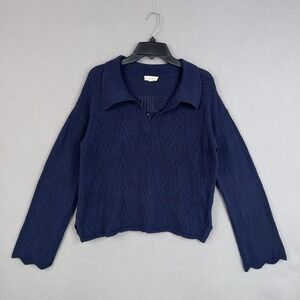 Roller Rabbit Sweater Womens Large Blue Collared Open Knit Geometric Pullover